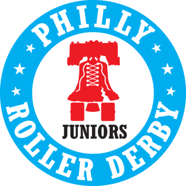 Philly Roller Derby Juniors badge: a red Liberty Bell laced like a skate inside a cyan ring.